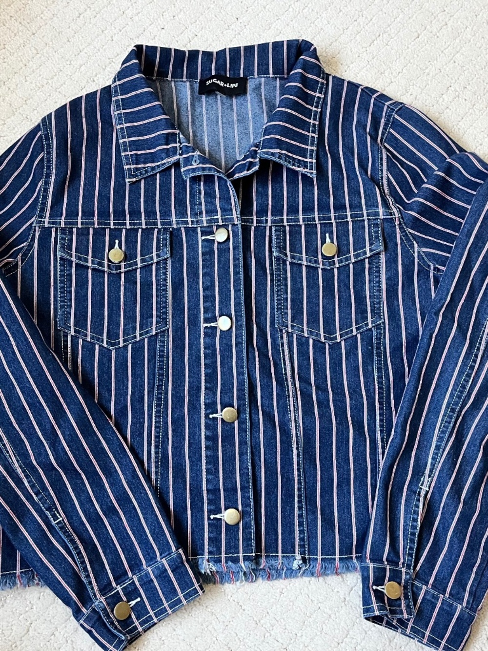 Sugar Lips Striped Denim Jacket Cropped Raw Hem Blue Pink Trucker M